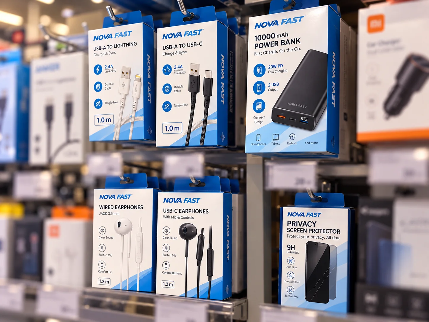 Illustrative Nova Fast accessories arranged on a retail shelf